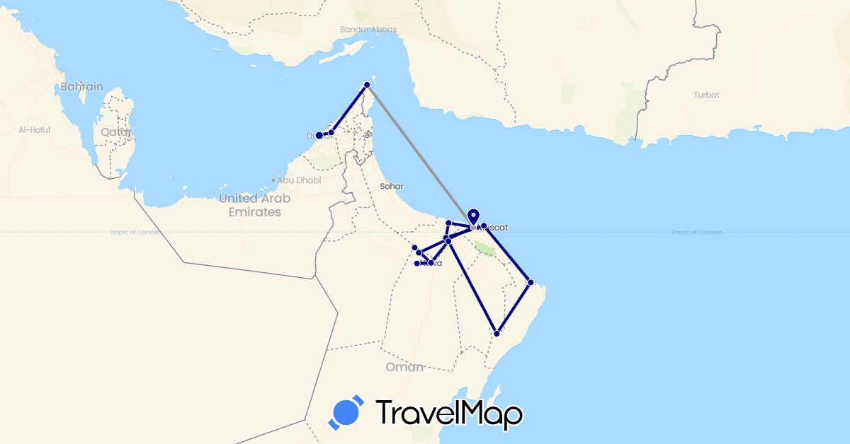 TravelMap itinerary: driving, plane in United Arab Emirates, Oman (Asia)